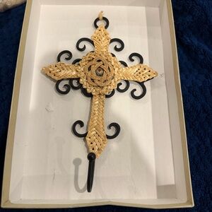Woven and Metal Religious Cross Wall Hook - Black and Tan